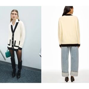 Ronny Kobo Colorblock Cardigan Sweater Ivory Black Size Medium *READ FLAW